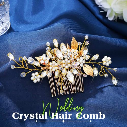 JEAIRTS Gold Crystal Hair Comb - Bridal Pearl Headpiece for Weddings