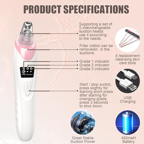 Gackoko Blackhead Remover Pore Vacuum with 5 Suction Probes - Pink