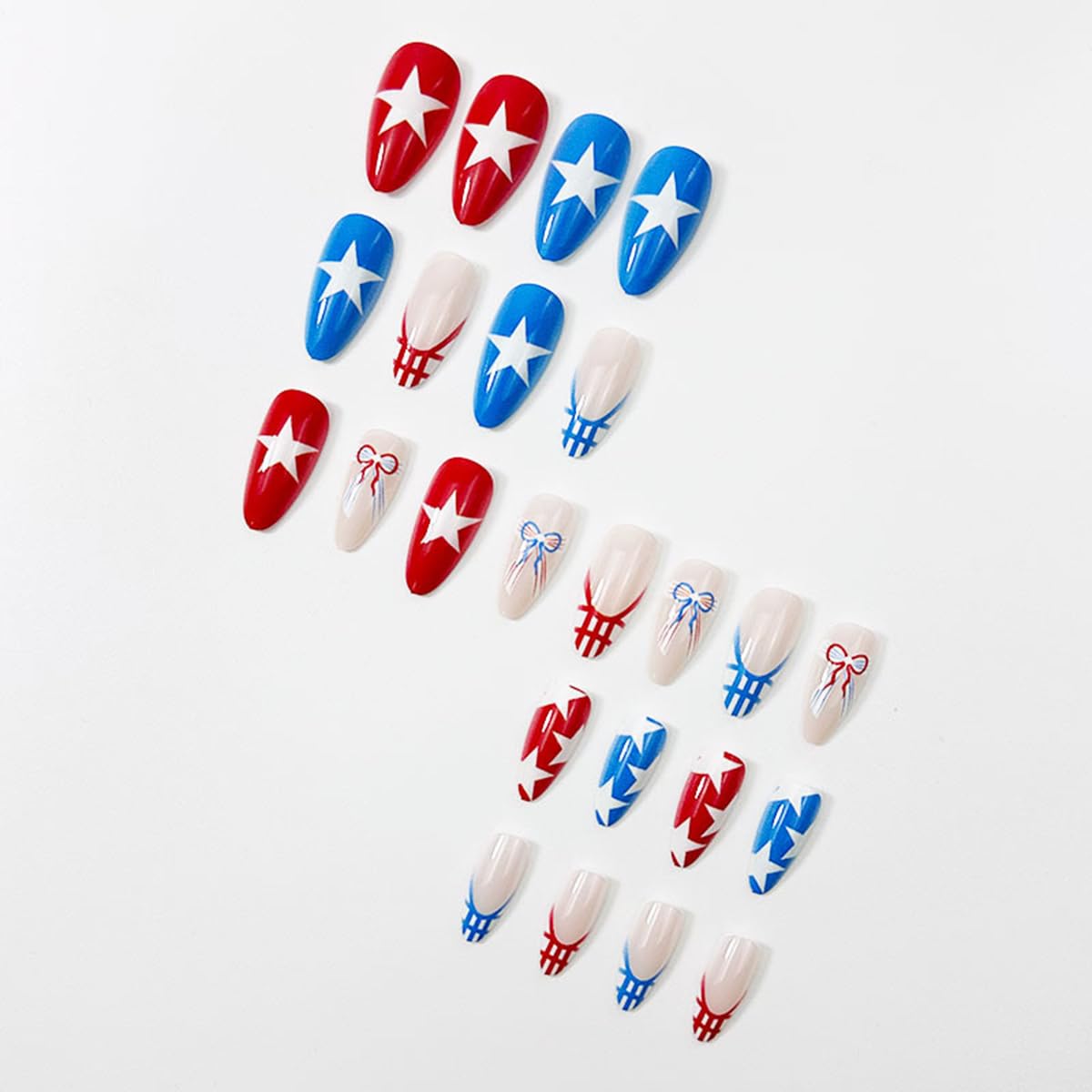 24Pcs Independence Day Press on Nails Medium Almond ZIFANHU July 4th Fake Nails Red Blue False Nails with Star Bow Design French Glossy Acrylic Nail Reusable Full Cover Nude Stick on Nail for Women