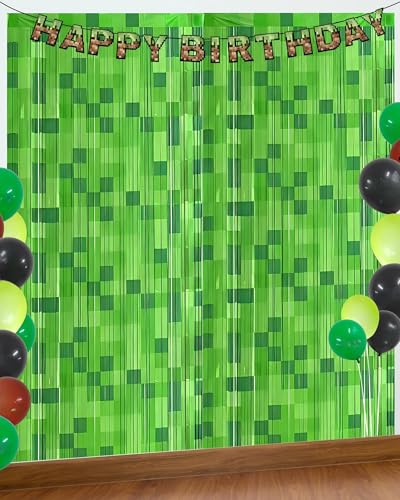 Green Pixel Miner Foil Fringe Curtains - 2 Pack, 3.3x6.6ft for Gamer Party