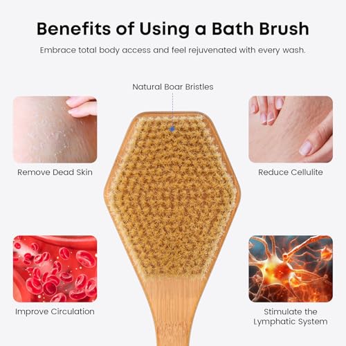Eaxun 17.5-Inch Bamboo Back Scrubber with Curved Handle for Shower and Skin Exfoliation