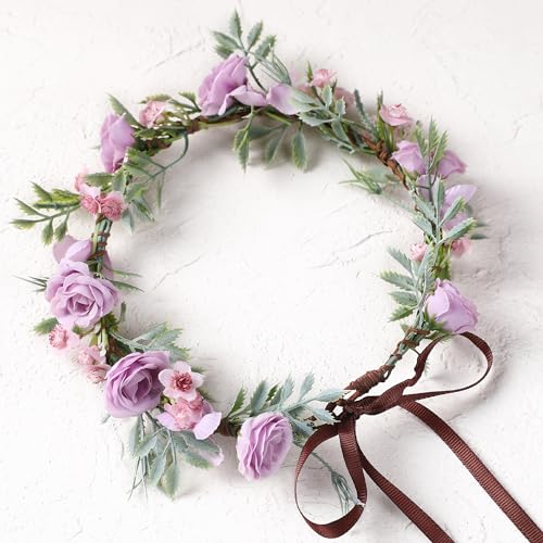 Purple Rose Flower Crown Headband - Adjustable Floral Headpiece for Women