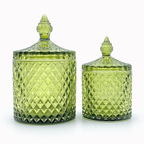 10 oz Olive Green Glass Candy Dish with Lid - Decorative Storage Jar