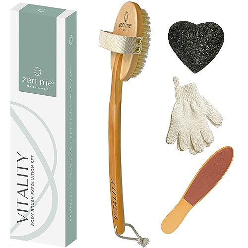 ZEN ME 1-Pack Dry Brushing Body Brush Set with Exfoliating Gloves & Foot File