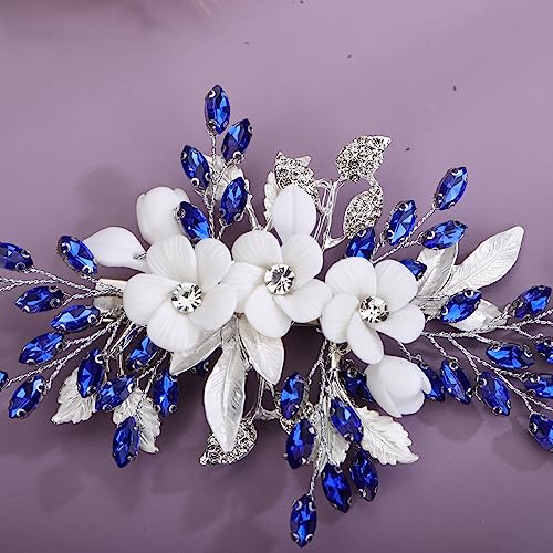 Xerling Royal Blue Rhinestone Flower Hair Barrette for Weddings