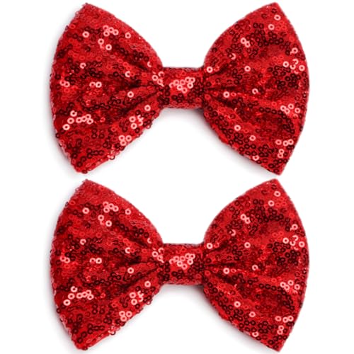 KISZU 5 Inch Glitter Hair Bows Clips for Girls - Red Sequin Big Bow Hairpins