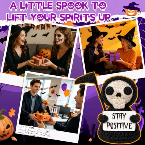 Funny Gothic Grim Reaper Plush with Stay Positive Sign - Unique Office Decor