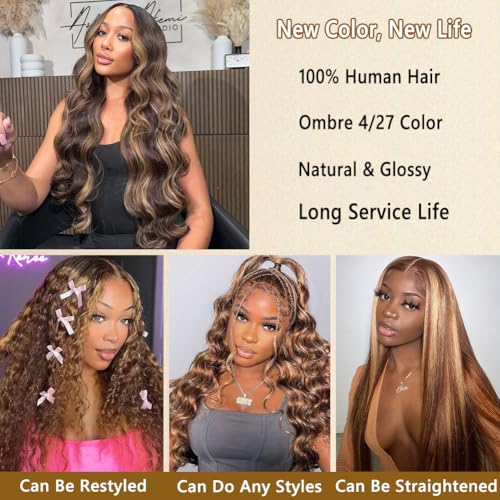 Seekomi Ombre 4/27 Body Wave Bundles Human Hair 14 16 18 20 Inch 12A 100% Virgin Highlight Colored Brown and Blonde 4 Bundles Double Weft Quick Weave for Women, 400g