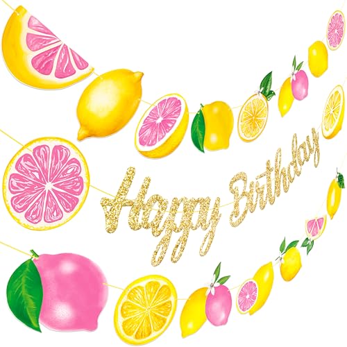 Lemon Pink Citrus Birthday Banner Set - Glitter Garland for Girls
