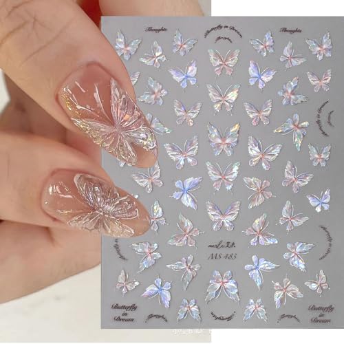 Dornail 3D Aurora Shell Butterfly Nail Stickers - Pink Laser Nail Art Decals for Manicure & DIY Nails