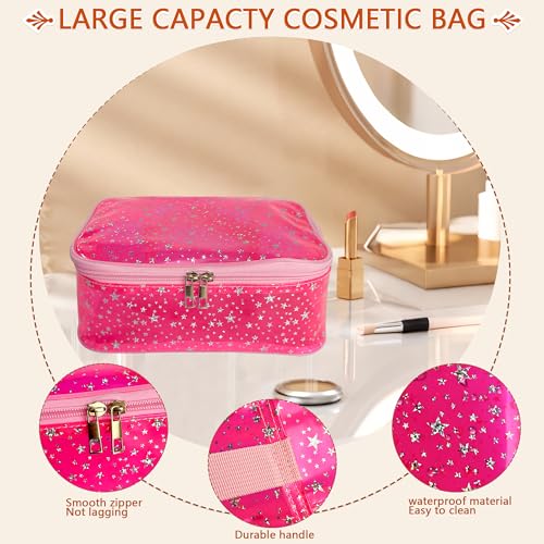 Pink Star Pattern Waterproof Makeup Bag - Travel Cosmetic Organizer, 9.84x7.09x3.94 inches