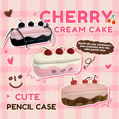 Corduroy Cherry Cake Pencil Case - Large Capacity Pouch, Black