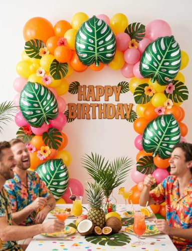 5 Pack Monstera Leaf Foil Balloons - Tropical Hawaiian Decor