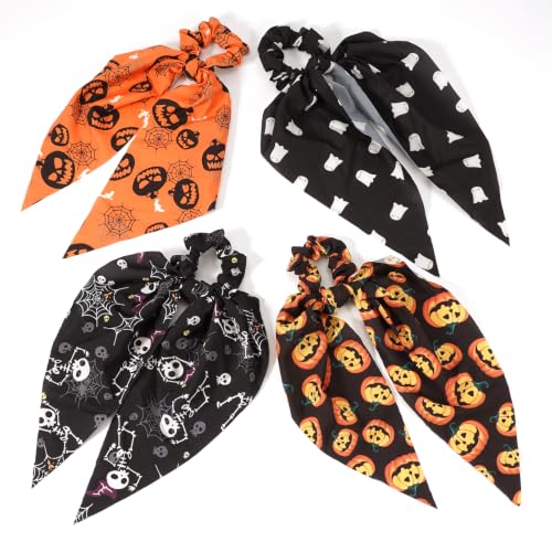 Halloween Hair Scrunchies Set - 4 Pcs with Ribbon Bow, Color 34