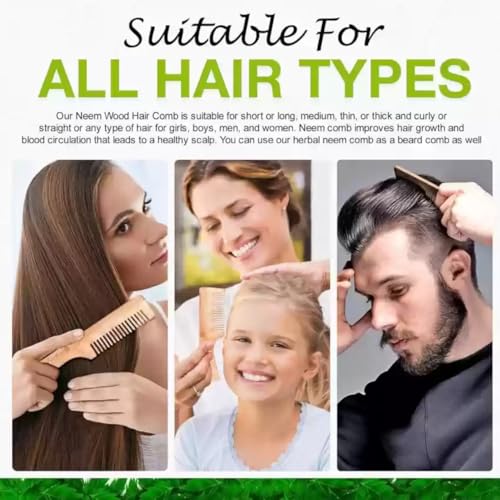 Neem Wooden Comb for Hair & Beard – Anti-Hair Fall Dandruff Control, Detangler & Scalp Stimulator