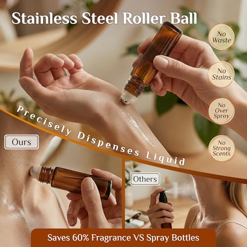 PrettyCare 4 Pack Amber Glass Oil Roller Bottles - 10ml Leak-Proof