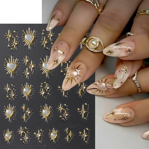 3 Sheets Gold Star Nail Stickers with Rhinestones - 5D Aurora Design
