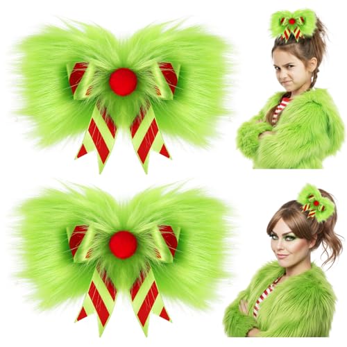 NFAMRZCAR 2-Pack Green Furry Christmas Hair Bow Clips for Women Girls