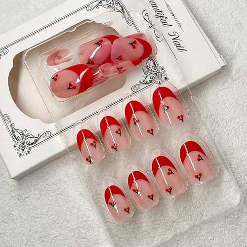 ROFIBUT Red French Tip Press-On Nails - Almond Short Fake Nails, 24 Pcs