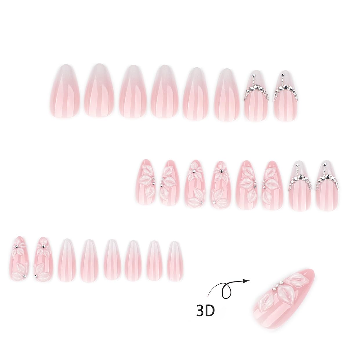 French Tip Press-On Nails - 24Pcs Medium Almond Design with Silver Rhinestones & 3D Flowers | Nude Pink Full Cover