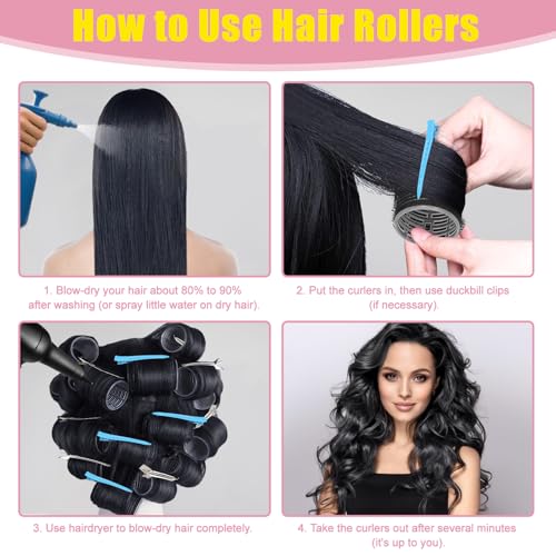 HAKINBOT 43PCS Heatless Hair Curlers Set for Thick Long Hair – Black, 4 Sizes with Clips & Comb
