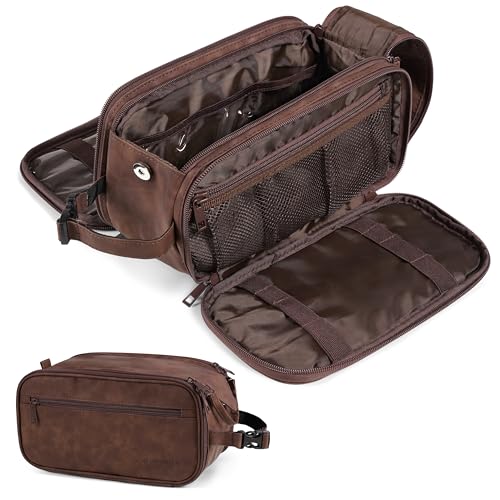 PAVILIA Large Dark Brown Toiletry Bag for Men - Water Resistant Travel Dopp Kit