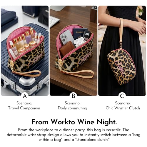 Rose Red Leopard Makeup Bag with Wristlet - Large Travel Cosmetic Organizer