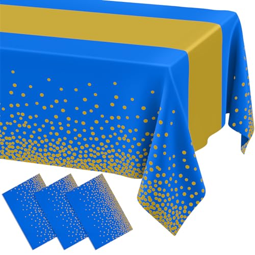 Smiry Disposable Plastic Table Cloths - 3 Pack, 54x108 Inch Waterproof Blue & Gold