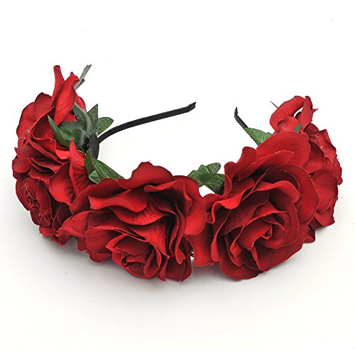 Bodermincer Dark Red Rose Flower Headband for Women, Floral Hair Hoop