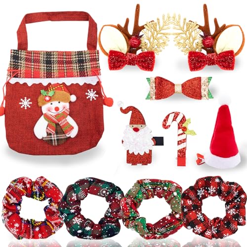 Christmas Hair Accessories Set 11pc – Snowflake Plaid Scrunchies & Clips for Girls