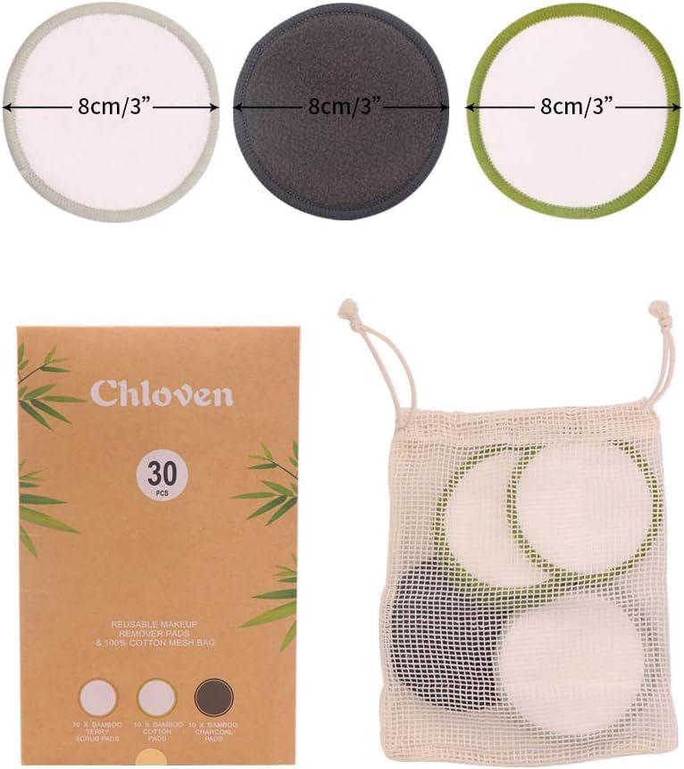 Reusable Makeup Remover Pads - Eco-Friendly Bamboo Cotton Rounds for All Skin Types | 30 Pack with Storage Bag