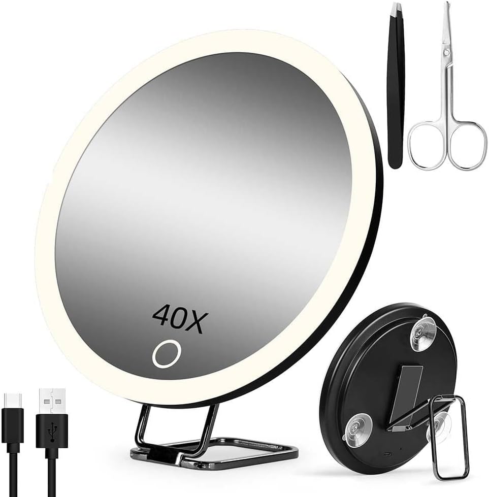 30x Magnifying Mirror With Light - Large 6" Rechargeable Makeup Mirror | Dimmable 3 Color Modes, Suction Cups & Stand