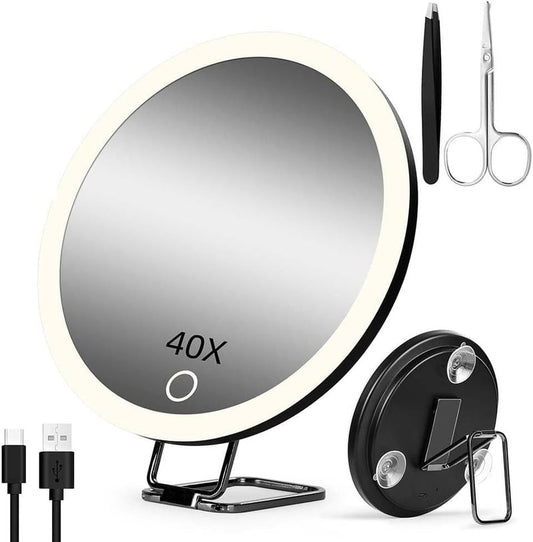 Travel Makeup Mirror - 40X Magnification with Suction Cups & Stand | 3 Color Dimmable LED Lights, Rechargeable 1200mAh