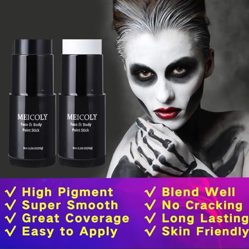 MEICOLY Black & White Face Body Paint Stick Set with Sponges & Setting Powder for Halloween & SFX Makeup