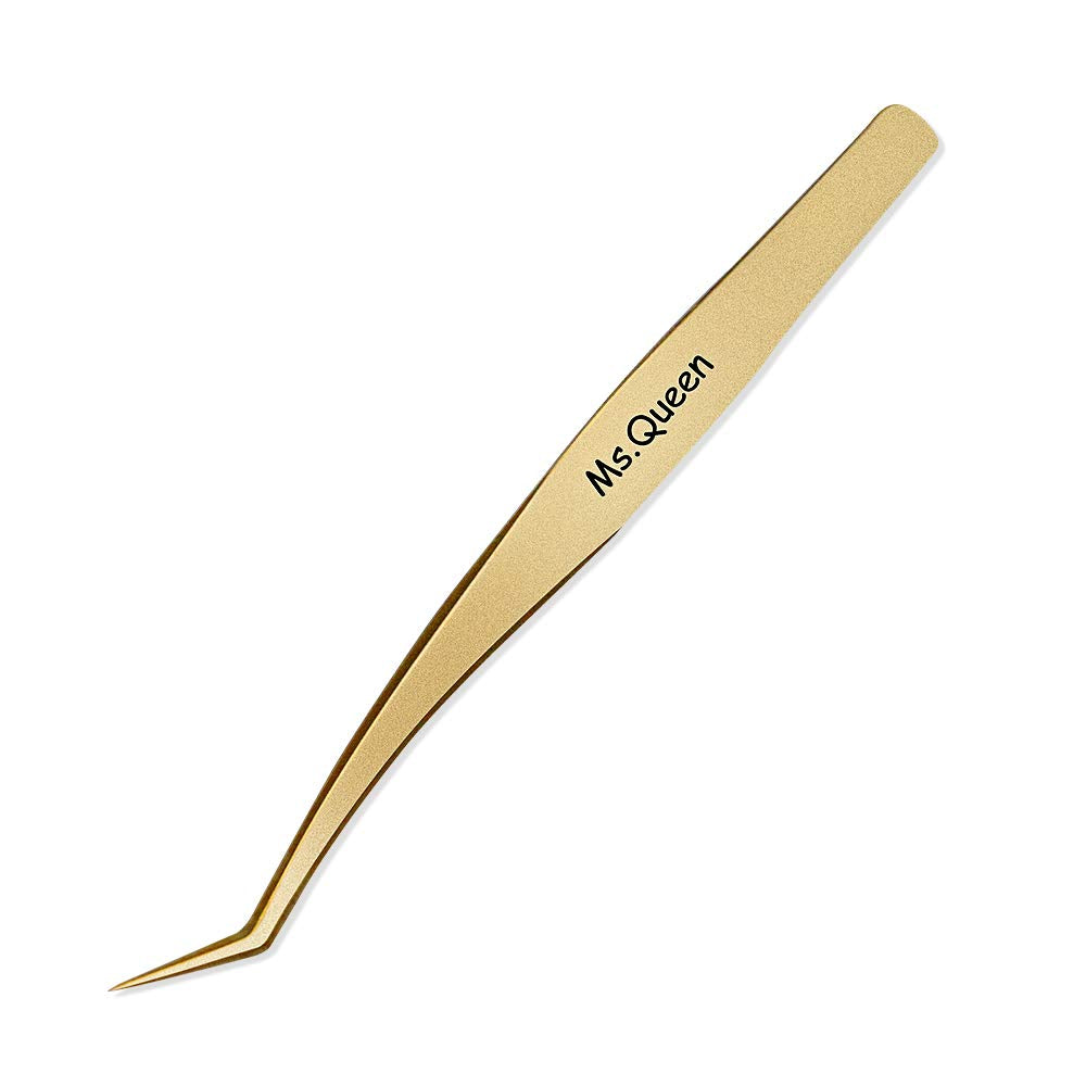 Tweezers for Volume Eyelash Extension - Precision Stainless Steel Curved Pointed Tweezers - Individual and 3D-6D Volume False Lashes Extensions Tweezers with Premium Storage Case- Golden - Ms.Queen