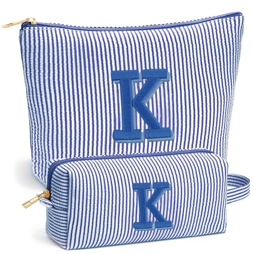 Personalized Blue Makeup Bag Set with Initial K for Travel