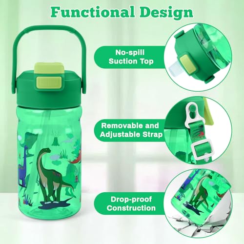 20oz Kids Water Bottle with Straw - Leak-Proof, Misting & Pop-Up Spout, Dinosaur Design