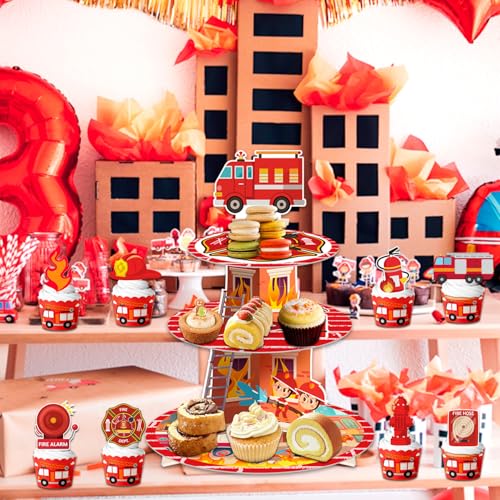 Firefighter Cupcake Stand Set with 12 Fire Truck Toppers