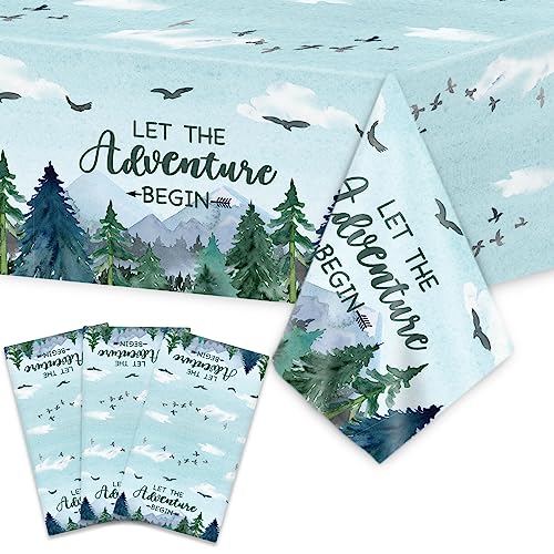 Adventure Awaits Tablecloths - 3 Pack Disposable Plastic Covers for Parties