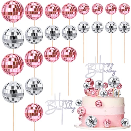 Disco Ball Cupcake Toppers - 24 Pcs Pink & Silver Party Decor