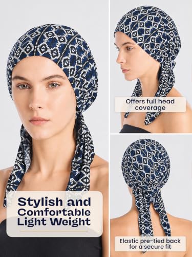 Navy Aztec Pre-Tied Bandana Turban Chemo Head Scarf