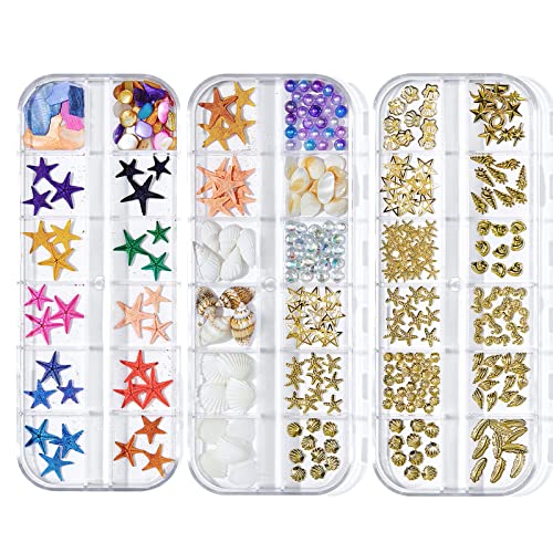 3 Boxes Beach Nail Art Charms Set - 12 Styles Seashell Starfish Conch Rhinestones
