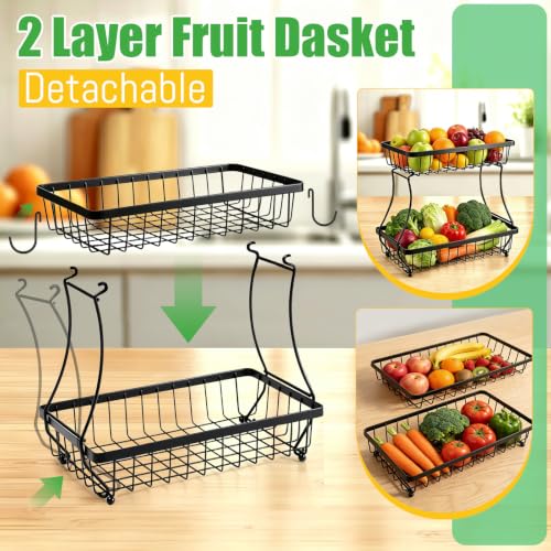 2-Tier Metal Fruit Basket with Banana Hangers for Kitchen