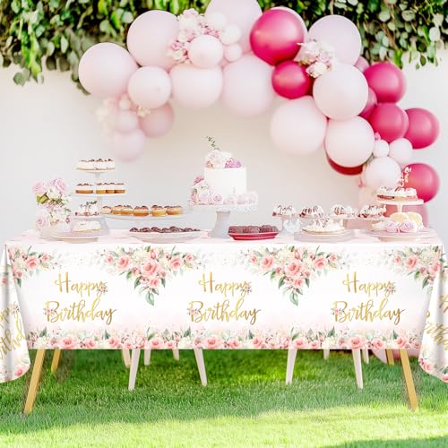 Rose Gold Floral Birthday Tablecloths - 3 Pack, 108 x 54 Inch