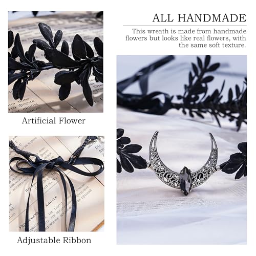 MOSTORY Handmade Black Moon Flower Crown - Gothic Elf Headpiece