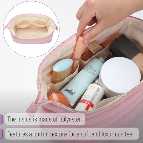 Aesthetic Quilted Makeup Bag for Women - Pink Cosmetic Pouch