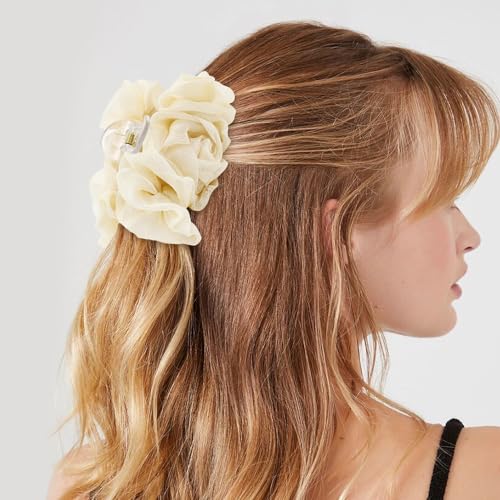Large Chiffon Rose Flower Claw Clips - 4 Pack Pleated Hair Barrettes
