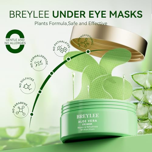 BREYLEE Green Aloe Vera Eye Masks - 60 Pcs for Dark Circles & Wrinkles