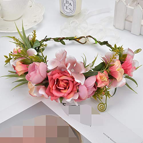 Rosy Floral Crown Headband - Boho Flower Halo Hair Piece (Style I)