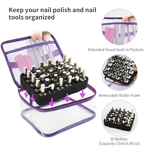 Purple Nail Polish Organizer Case for 30 Bottles - YINGJEE